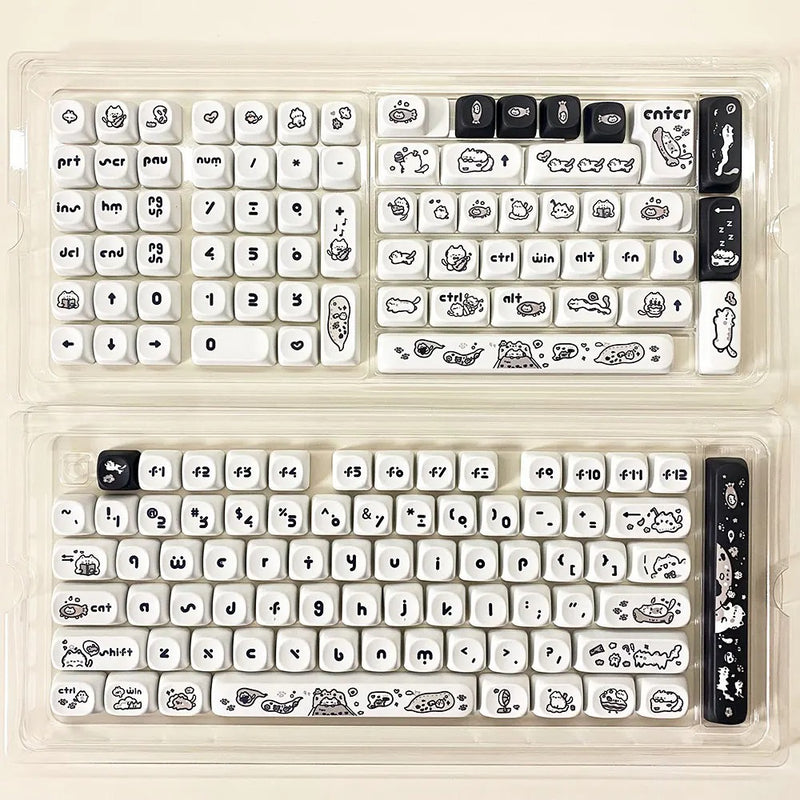 ANYMOB Keycap Keyboard Black White Cat 140 Keys Profile Black Cute Naughty Cat Switch Theme Layout