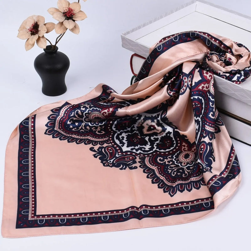 Anyyou Scarf for Women Lipstick Pink Floral Satin Silk Shawl Fashion Accessories Chain Flowers Pattern Autumn Winter Scarves