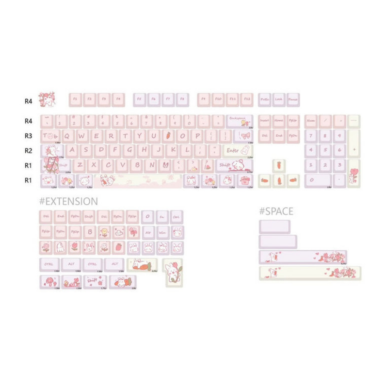 ANYMOB Keycap Keyboard Pink 148 keys Rabbit Theme Sided Heat Submlimation Switch Fit