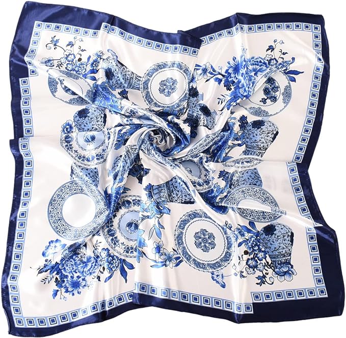 Anyyou Scarf for Women Blue White Vase Satin Silk Shawl Fashion Accessories Chain Flowers Pattern Autumn Winter Scarves