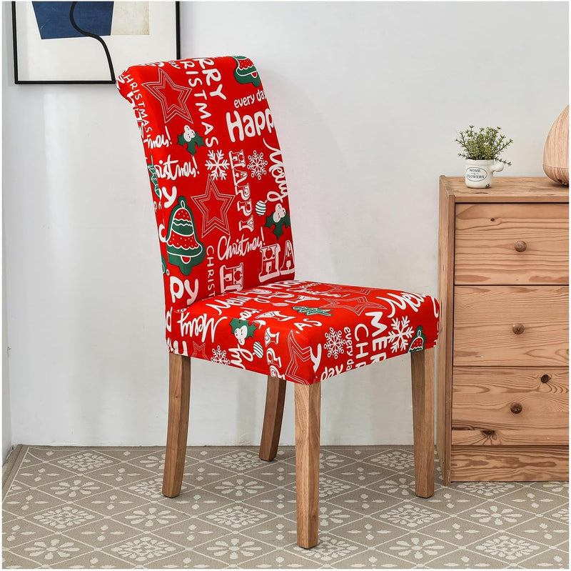 ANYDECO Chair Cover Red Happy Christmas Design with Anti-Dirt and Elastic Material for Dining Room Kitchen Wedding Hotel Banquet Restaurant
