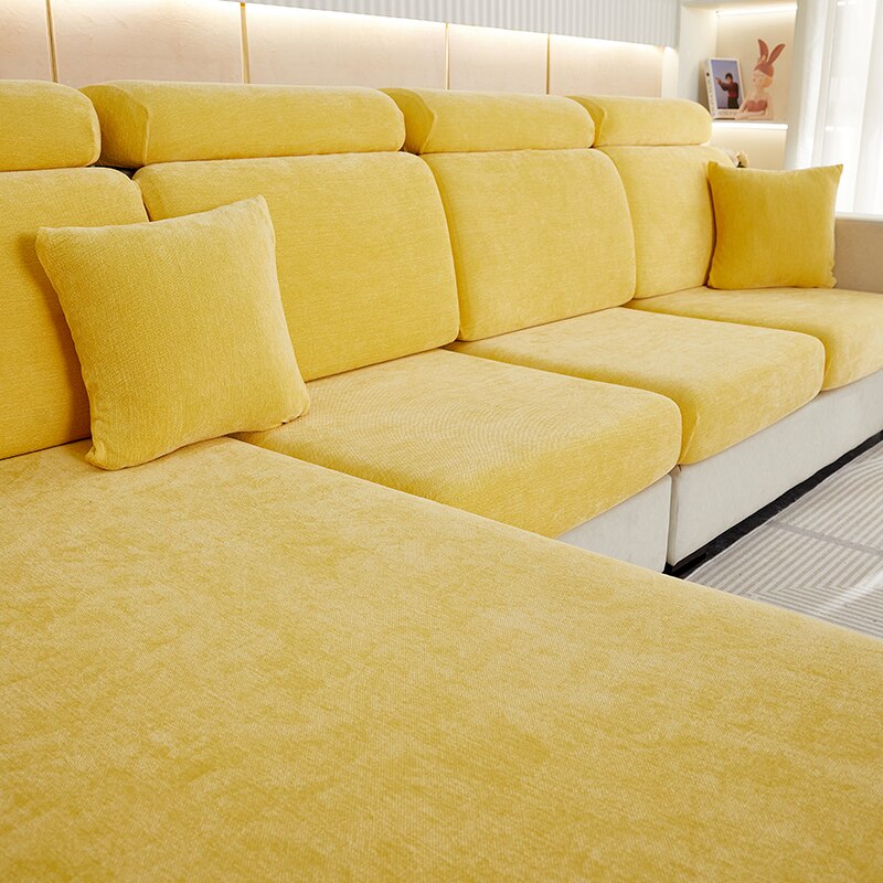 Anyseat L‑Shape Sofa Cover Pastel Yellow Chenille Polyester Thick Stretchable Cushion Protector for Living Room