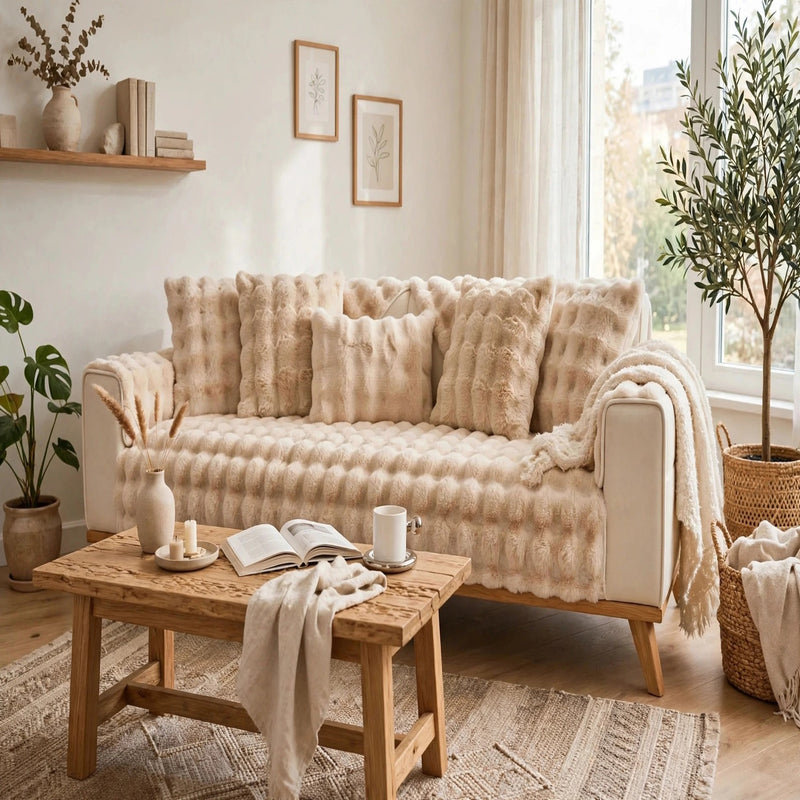 Anyseat Sofa Towel Super Soft Rabbit Plush Beige Thicken Bubble Velvet Non-slip Sectional Sofa Cover Non-slip L-shaped Couch Cover