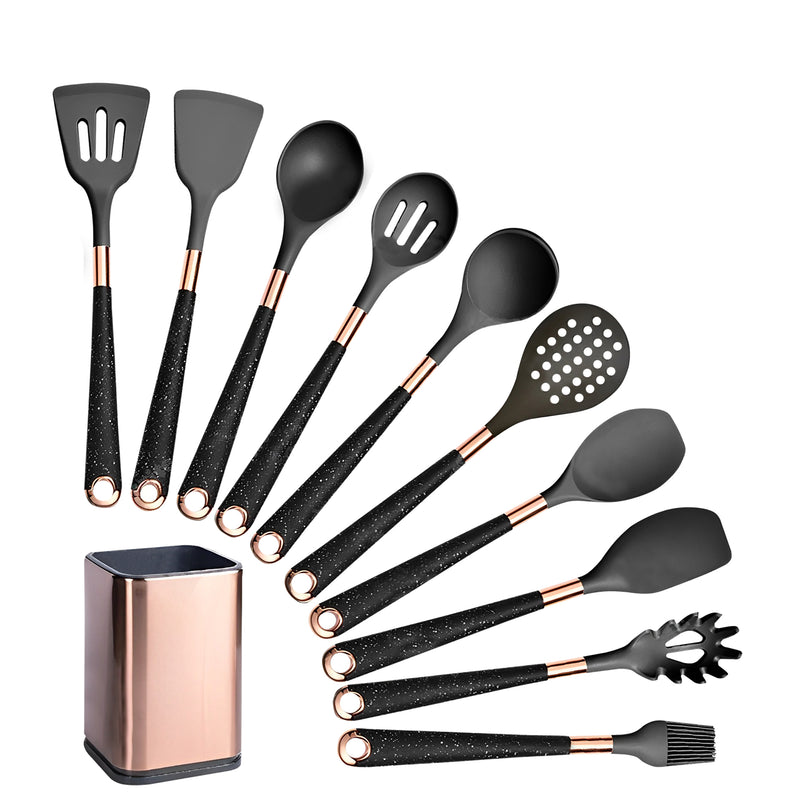 Anygleam Kitchen Utensils Non-stick Black 10 Set Gold Plated Handle with Support Point and Storage Box Cooking Tool Accessories Heat Resistant Kitchenware