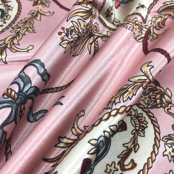 Anyyou Scarf for Women Elegant Pink Satin Silk Shawl Fashion Accessories Chain Flowers Pattern Autumn Winter Scarves
