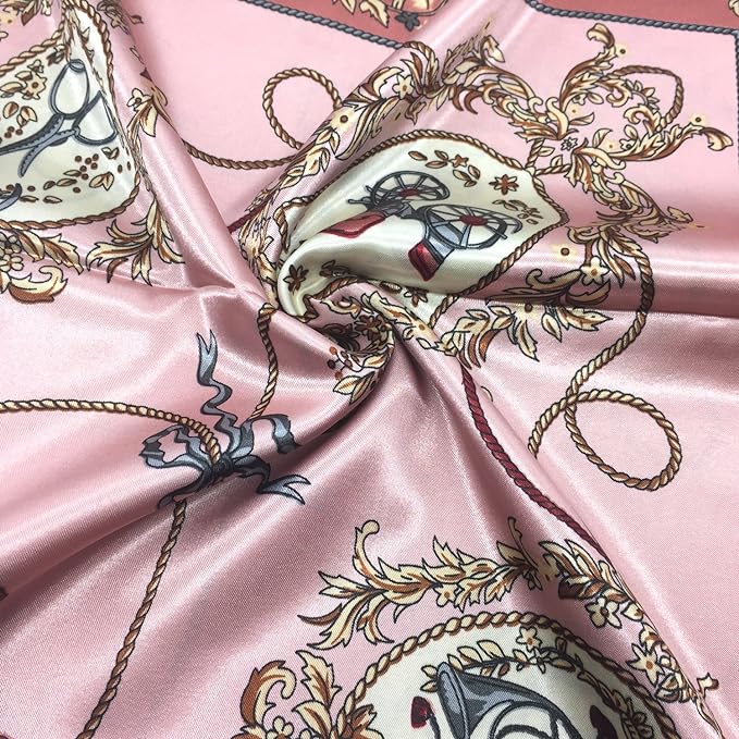 Anyyou Scarf for Women Elegant Pink Satin Silk Shawl Fashion Accessories Chain Flowers Pattern Autumn Winter Scarves