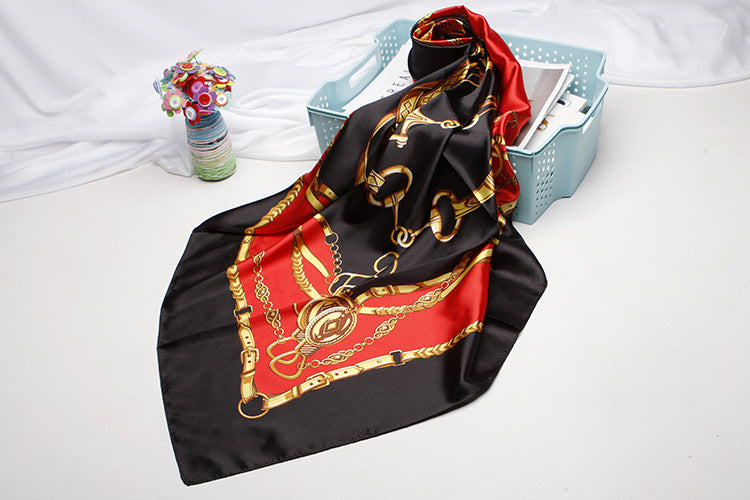 Anyyou Scarf for Women Black Red Gold Printed Polyester Silk Big Square Silk Scarf 90*90cm Satin For Spring Summer Autumn Winter