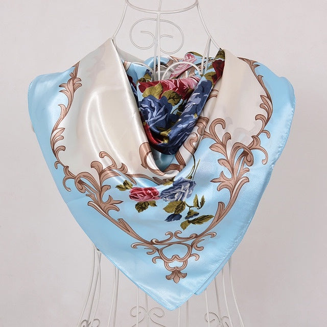Anyyou Scarf for Women Rose Blue Floral Satin Silk Shawl Fashion Accessories Chain Flowers Pattern Autumn Winter Scarves