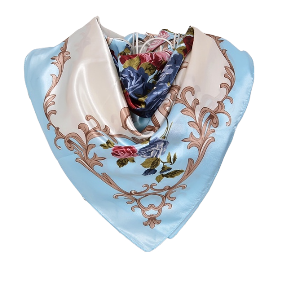 Anyyou Scarf for Women Rose Blue Floral Satin Silk Shawl Fashion Accessories Chain Flowers Pattern Autumn Winter Scarves