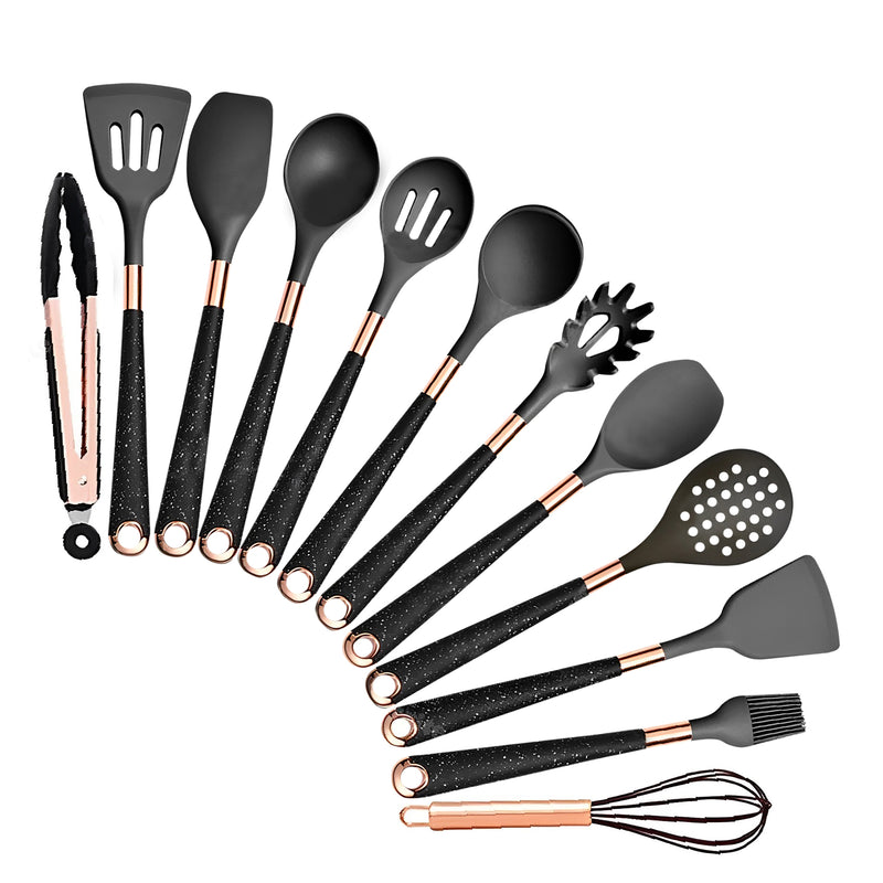 Anygleam Kitchen Utensils Non-stick Black 12 Set Gold Plated Handle with Support Point Cooking Tool Accessories Heat Resistant Kitchenware