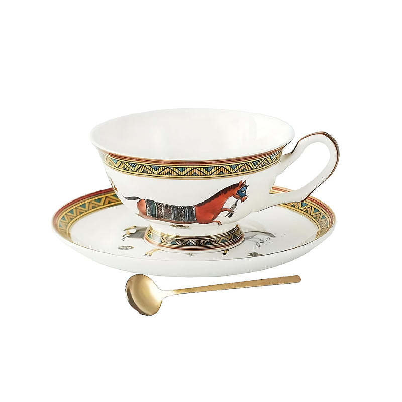 Anygleam Tea Cup White With Saucer Gold Spoon Running Horse Design Vintage Drinkware