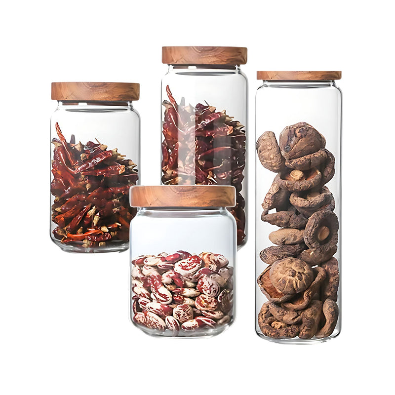 Anygleam Condiments Container 4Pcs Glass Jar Storage With Airtight Wooden Lids Canister