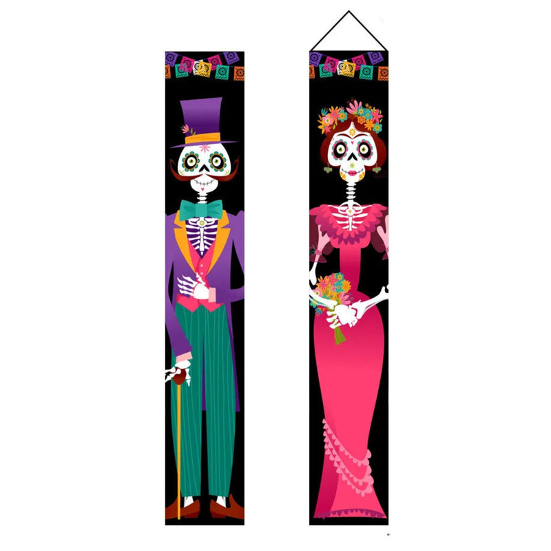 ANYDECO Halloween Skeleton Porch Sign 2Pcs Hanging Decoration
