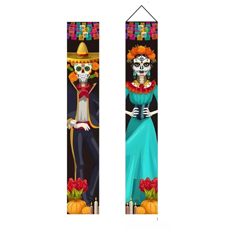 ANYDECO Halloween Skeleton Porch Sign 2Pcs Hanging Decoration