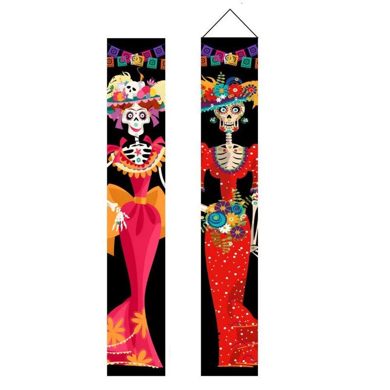 ANYDECO Halloween Skeleton Porch Sign 2Pcs Hanging Decoration