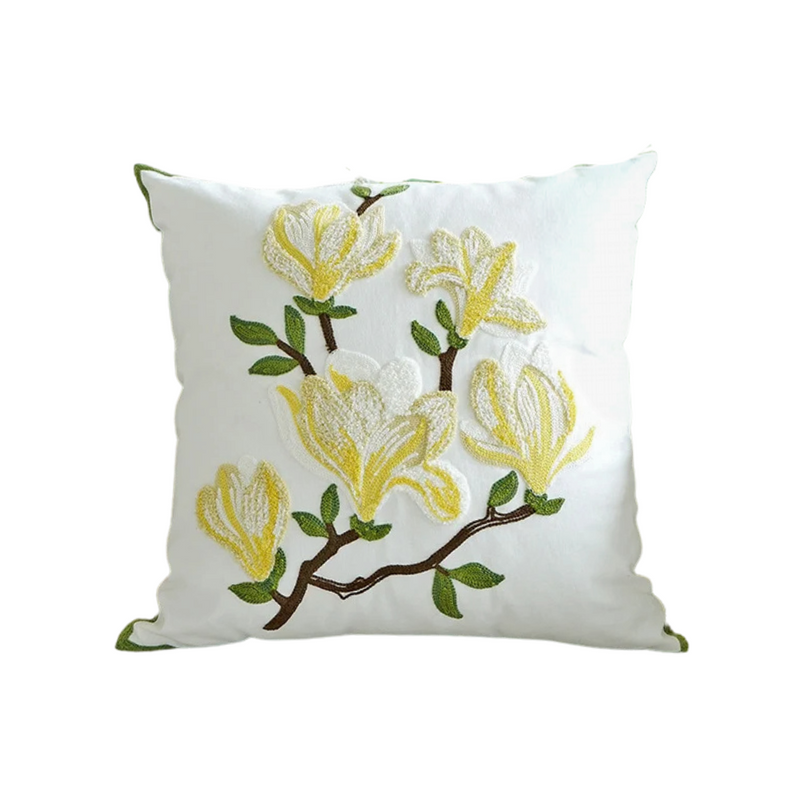 Anypillow Pillowcase White With Yellow Magnolia Flower Embroidered Decorative Cushion Cover