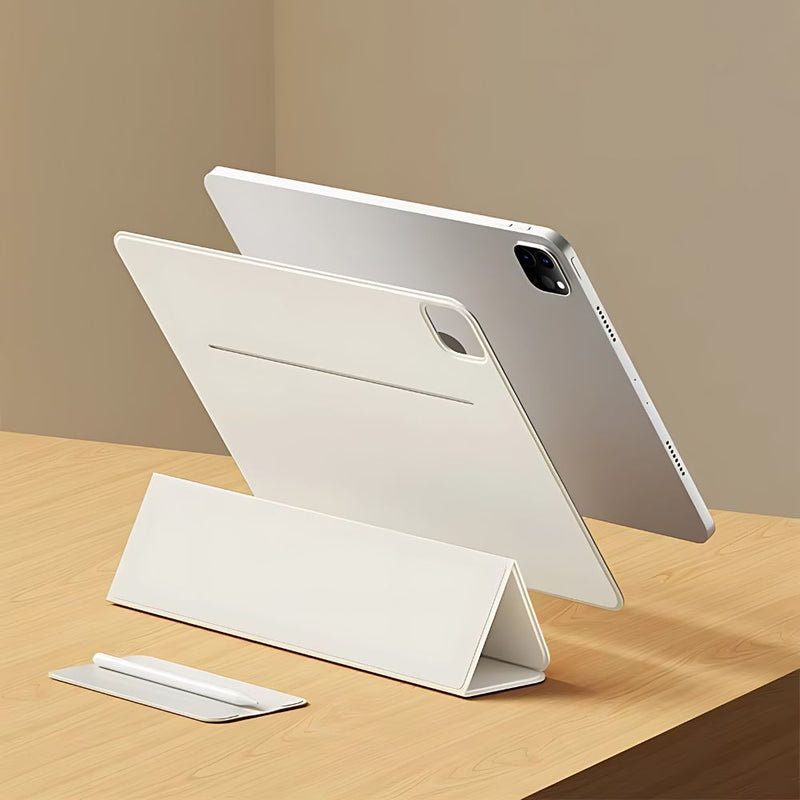 ANYMOB iPad Case Cream Leather Smart Folio with Magnetic Clip Protective Cover