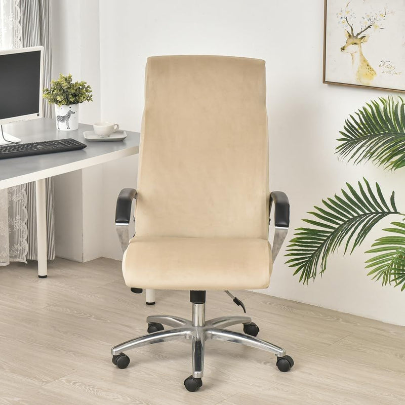 Anyseat Office Chair Cover Beige Velvet Zippered Stretchable High Back Protector Slipcover