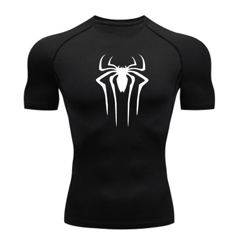 ANYMENS Fitness Tshirt Black With Small Spider White Print Gym Workout Compression Short Sleeve Quick Dry Athletic Tops Sportswear For men