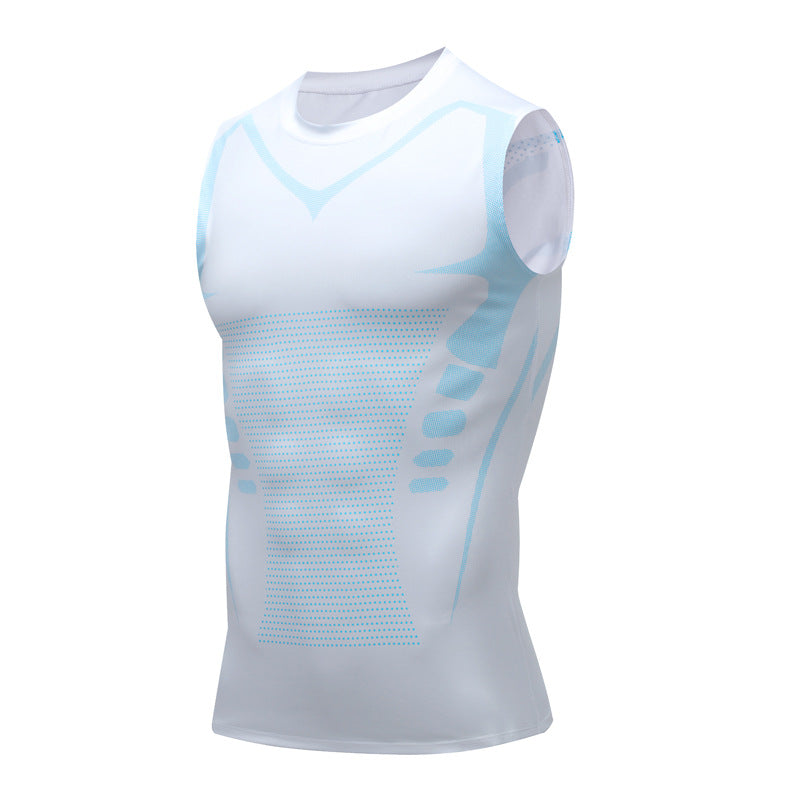 ANYMENS Fitness Tshirt White With Blue Lining Gyms Clothing Tank Top Quick Dry Vest Workout Sportswear Round Neck Shirt Running Vest For Men