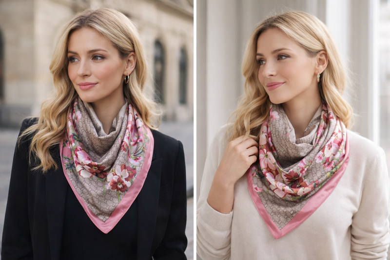 Anyyou Fashion Premium Satin Square Scarf – Romantic Floral Pink Silk-Feel Neckwrap for Women