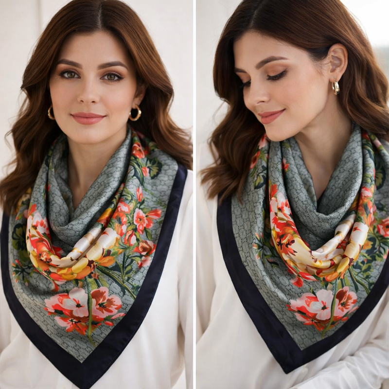 Anyyou Fashion Premium Satin Square Scarf – Romantic Floral Green Silk-Feel Neckwrap for Women