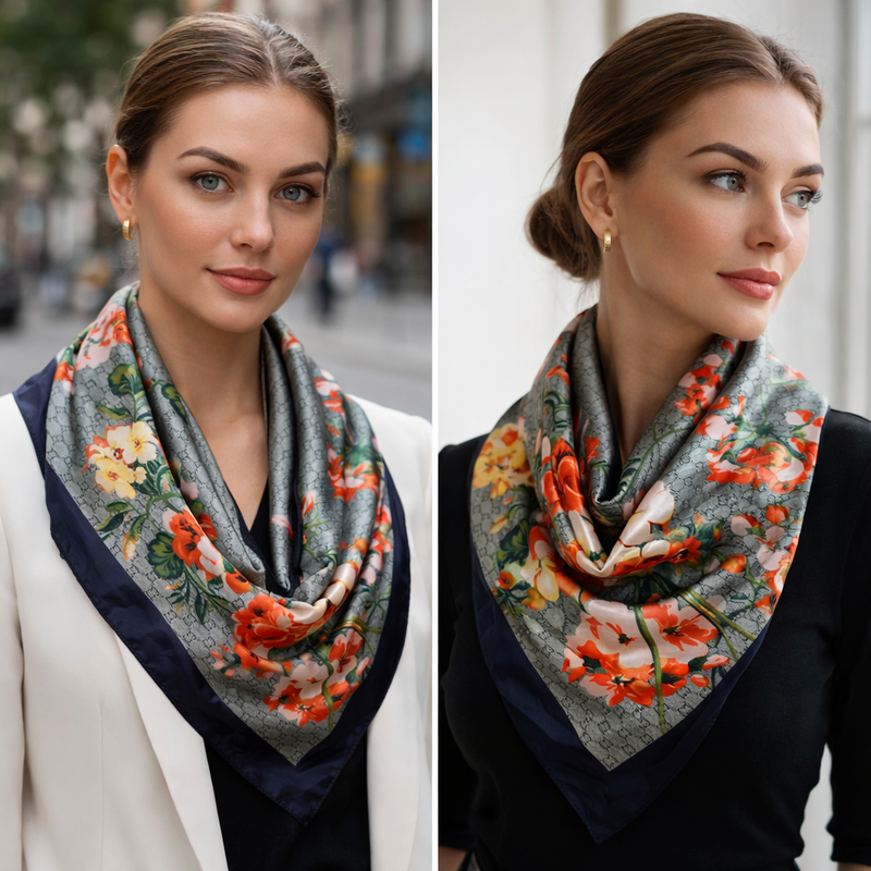 Anyyou Fashion Premium Satin Square Scarf – Romantic Floral Green Silk-Feel Neckwrap for Women