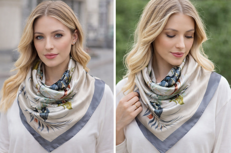 Anyyou Fashion Premium Satin Square Scarf – Elegant 201 Grey Beige Floral Silk-Feel Neckwrap for Women
