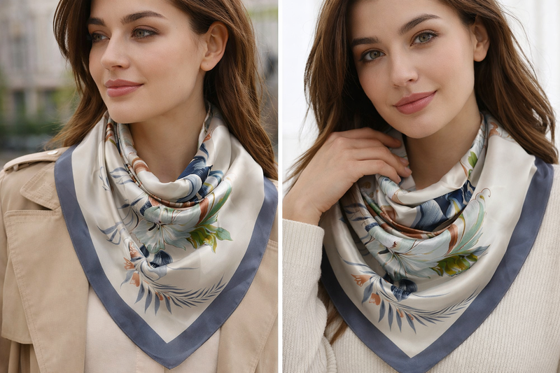Anyyou Fashion Premium Satin Square Scarf – Elegant 201 Grey Beige Floral Silk-Feel Neckwrap for Women