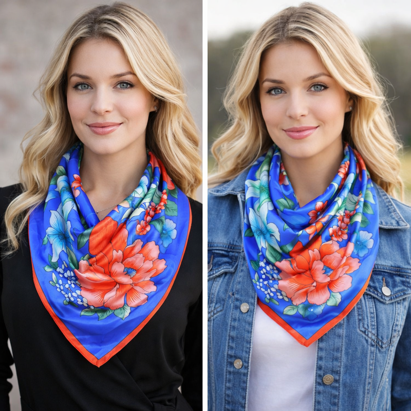 Anyyou Fashion Premium Satin Square Scarf – Vibrant Peony Blue Floral Silk-Feel Neckwrap for Women