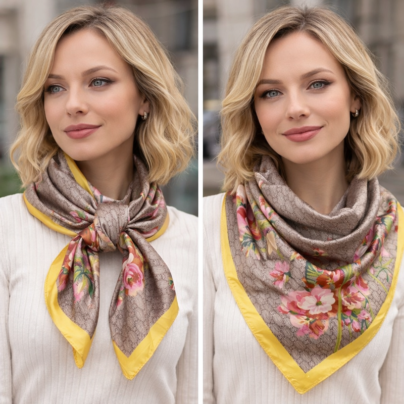 Anyyou Fashion Premium Satin Square Scarf – Elegant Floral Yellow Silk-Feel Neckwrap for Women