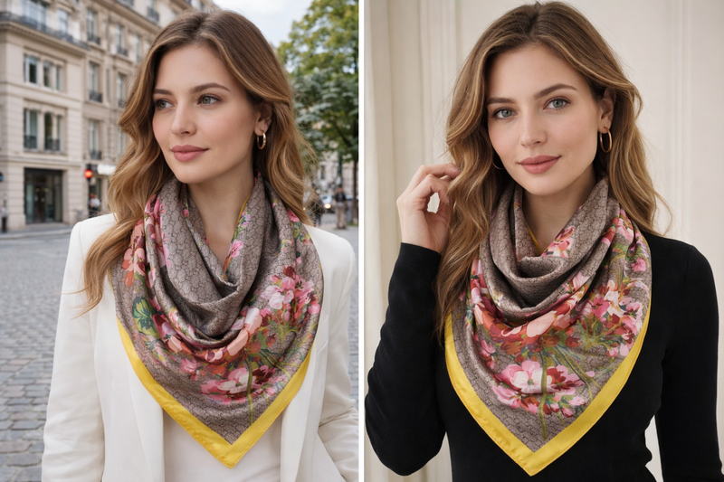 Anyyou Fashion Premium Satin Square Scarf – Elegant Floral Yellow Silk-Feel Neckwrap for Women