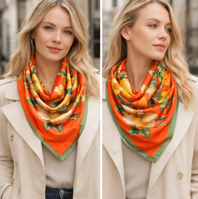 Anyyou Fashion Premium Satin Square Scarf – Bold Peony Orange Silk-Feel Neckwrap for Women