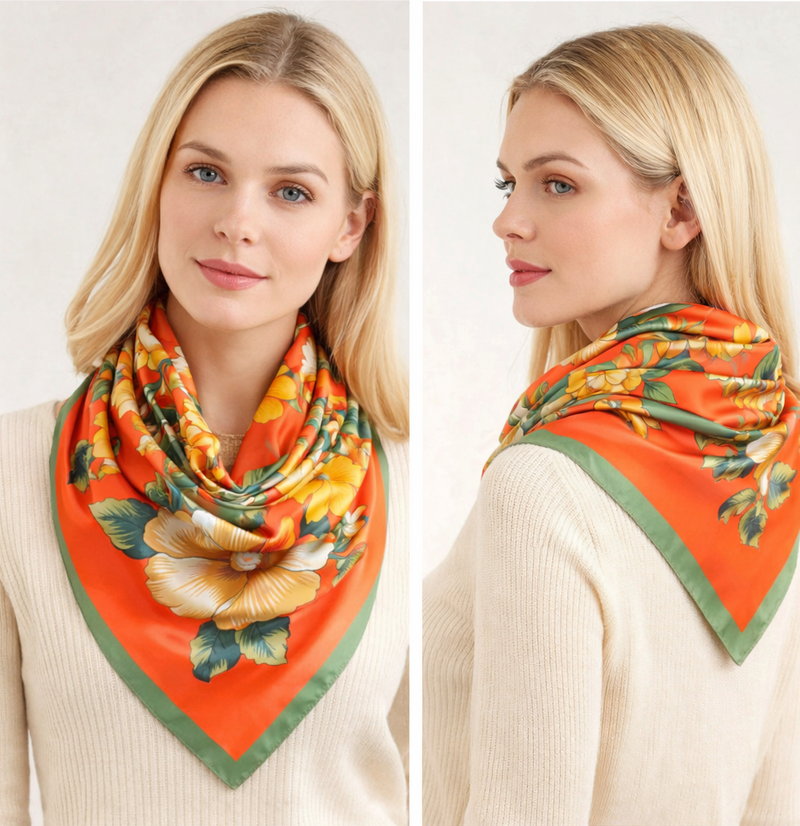 Anyyou Fashion Premium Satin Square Scarf – Bold Peony Orange Silk-Feel Neckwrap for Women