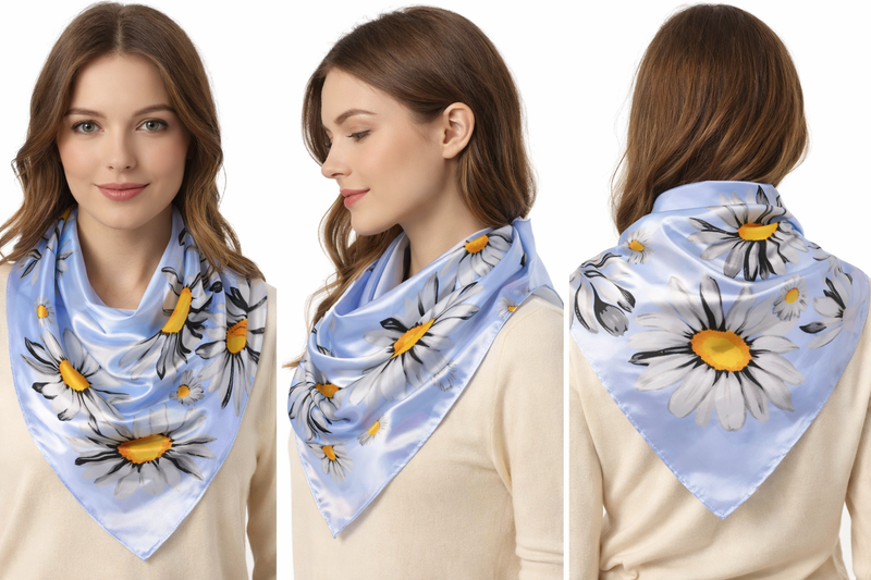 Anyyou Fashion Premium Satin Square Scarf – Fresh Daisy Blue Silk-Feel Neckwrap for Women
