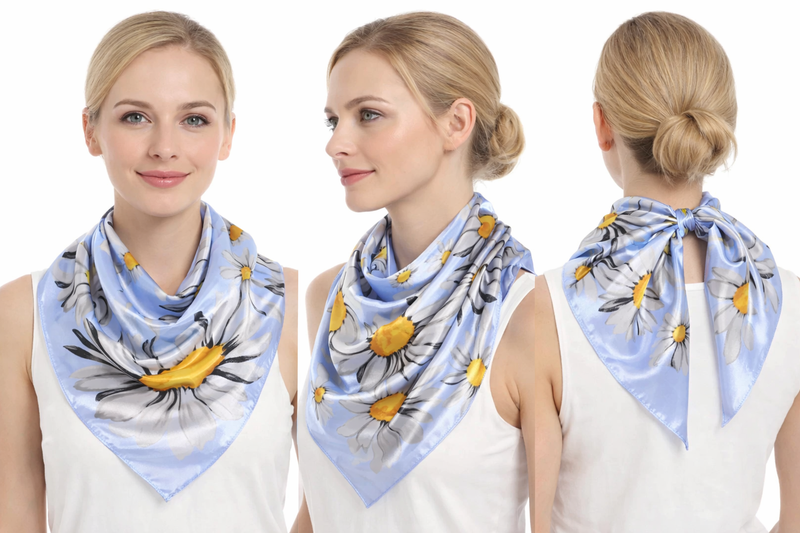 Anyyou Fashion Premium Satin Square Scarf – Fresh Daisy Blue Silk-Feel Neckwrap for Women