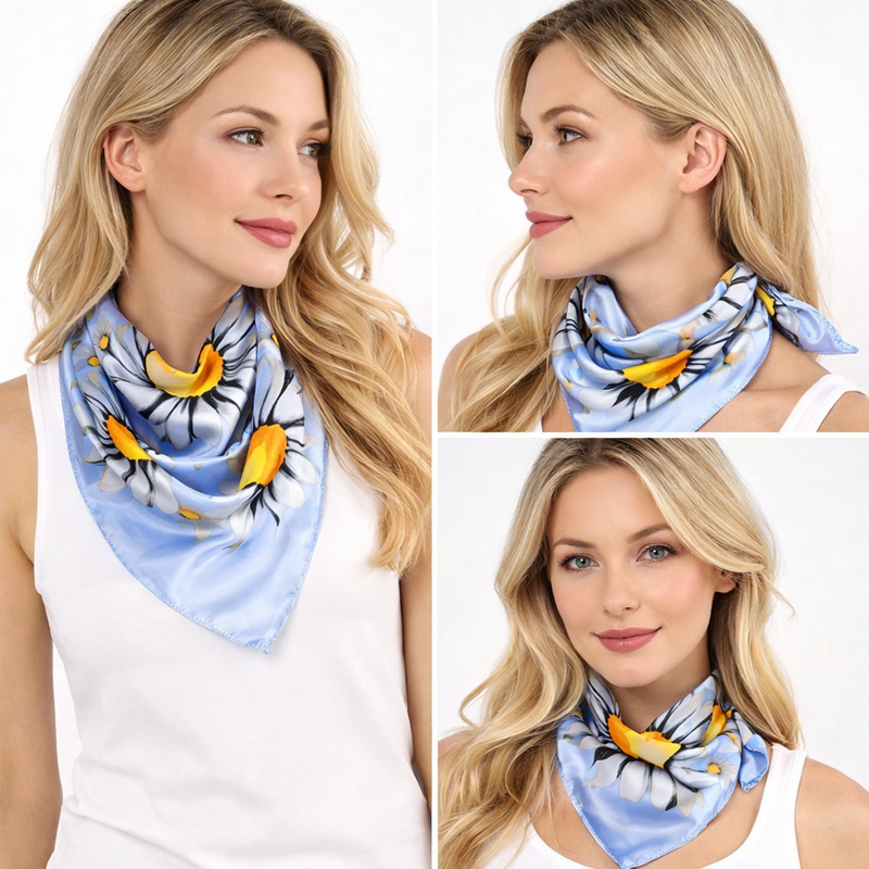 Anyyou Fashion Premium Satin Square Scarf – Fresh Daisy Blue Silk-Feel Neckwrap for Women