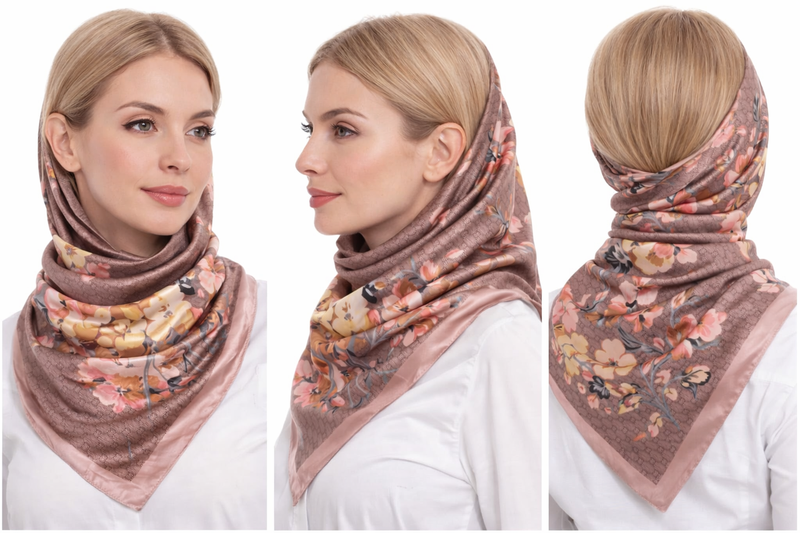 Anyyou Fashion Premium Satin Square Scarf – Floral Khaki Print Silk-Feel Neckwrap for Women