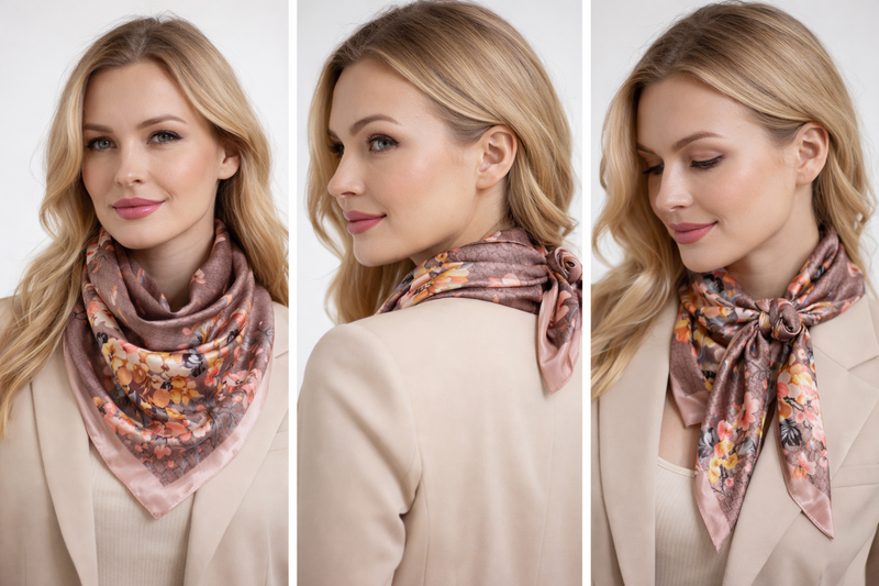 Anyyou Fashion Premium Satin Square Scarf – Floral Khaki Print Silk-Feel Neckwrap for Women