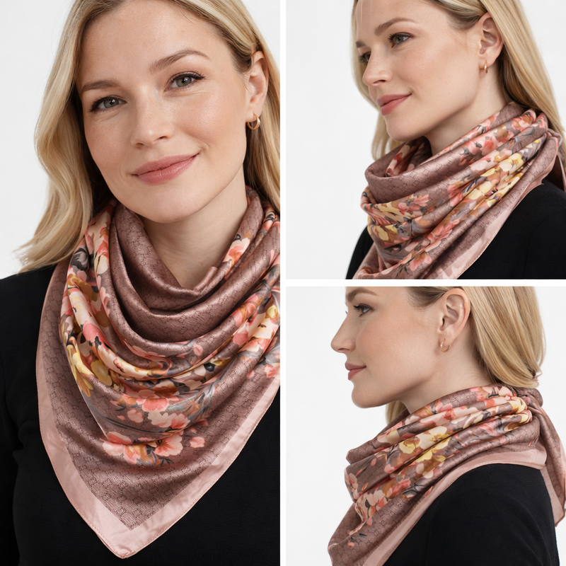 Anyyou Fashion Premium Satin Square Scarf – Floral Khaki Print Silk-Feel Neckwrap for Women