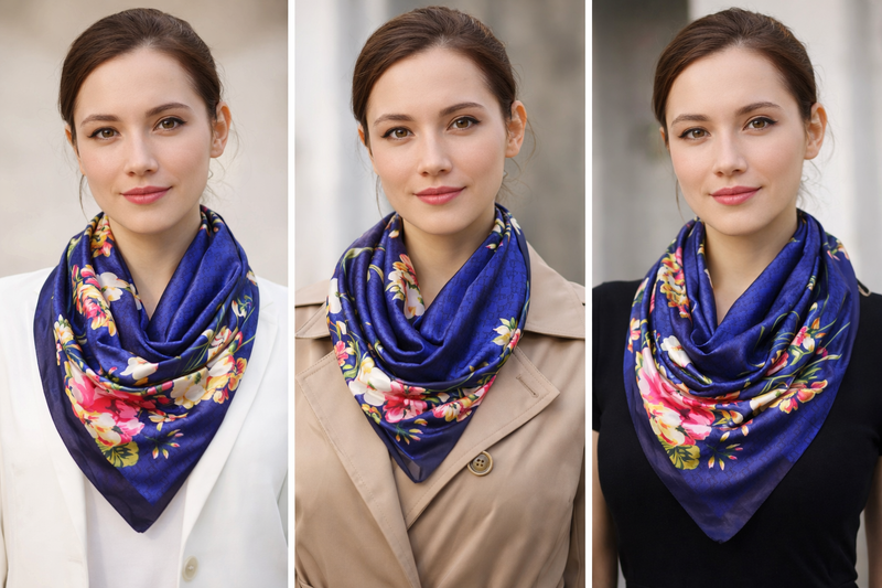 Anyyou Fashion Premium Satin Square Scarf –Floral Blue Print Silk-Feel Neckwrap for Women
