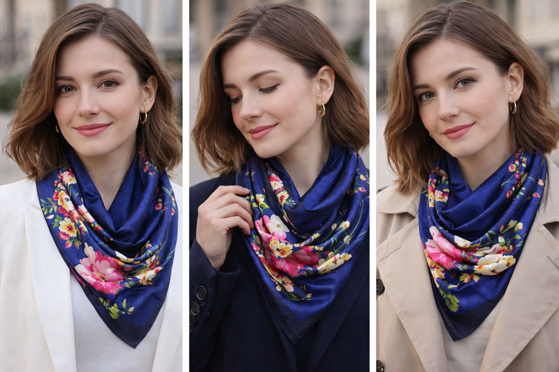 Anyyou Fashion Premium Satin Square Scarf –Floral Blue Print Silk-Feel Neckwrap for Women