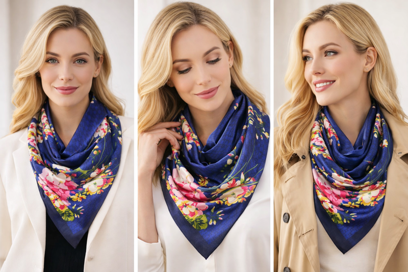 Anyyou Fashion Premium Satin Square Scarf –Floral Blue Print Silk-Feel Neckwrap for Women