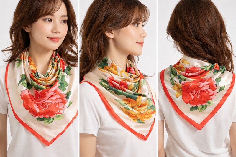 Anyyou Fashion Premium Satin Square Scarf – Elegant Peony Beige Silk-Feel Neckwrap for Women