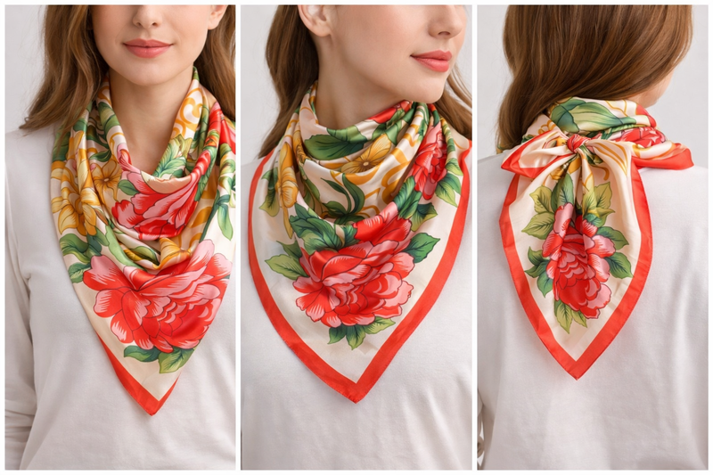 Anyyou Fashion Premium Satin Square Scarf – Elegant Peony Beige Silk-Feel Neckwrap for Women