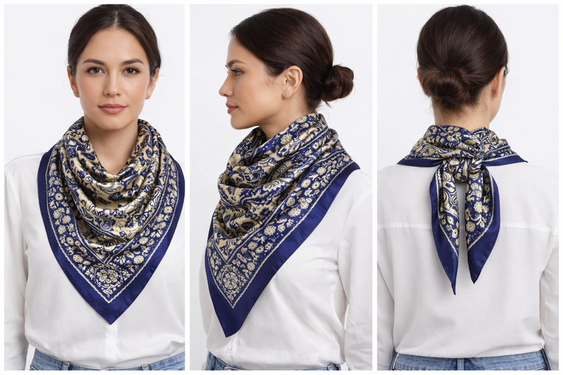 Anyyou Fashion Premium Satin Square Scarf – Blue Beige Silk-Feel Neckwrap for Women