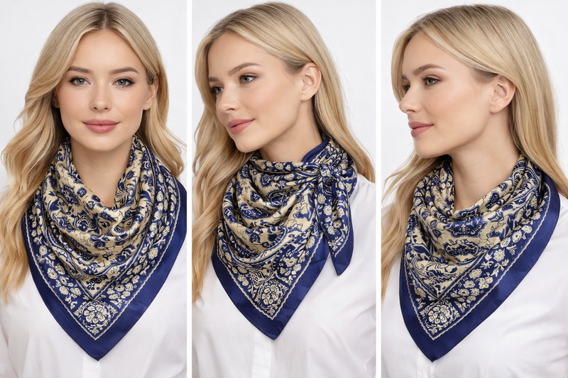 Anyyou Fashion Premium Satin Square Scarf – Blue Beige Silk-Feel Neckwrap for Women