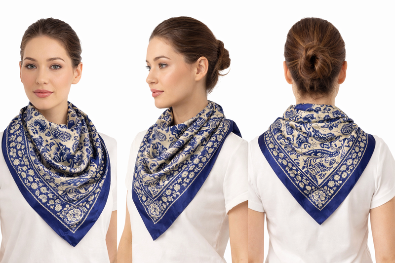 Anyyou Fashion Premium Satin Square Scarf – Blue Beige Silk-Feel Neckwrap for Women