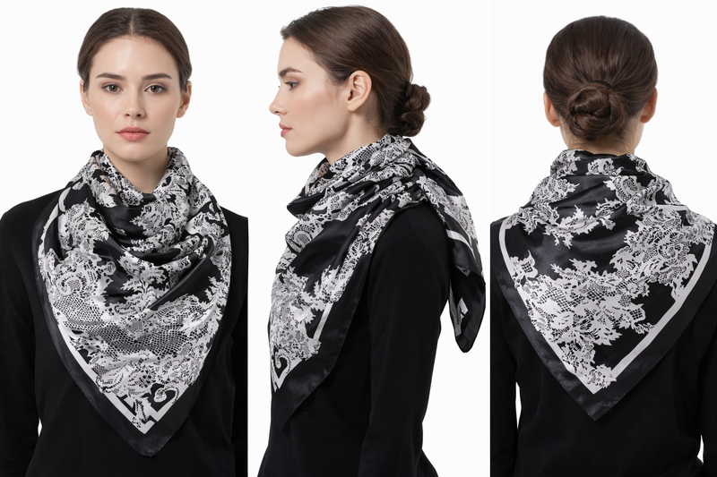 Anyyou Fashion Premium Satin Square Scarf – Elegant Lace Black Silk-Feel Neckwrap for Women