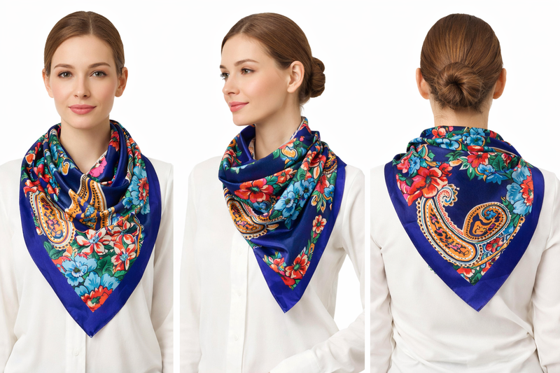 Anyyou Fashion Premium Satin Square Scarf – Big Paisley Blue Silk-Feel Neckwrap for Women